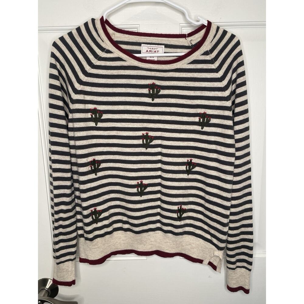 Ariat Women's Southwestern Embroidered Sweater Sz M Stripe Cactus Preppy Cowgirl